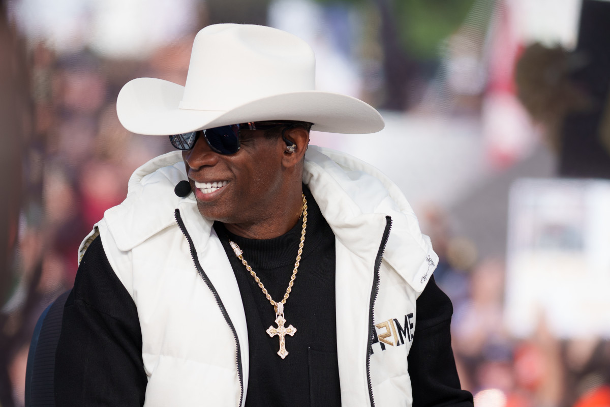 Colorado Buffaloes head coach Deion Sanders on the set of ESPN College GameDay prior to the game between the Colorado Buffaloes and the Colorado State Rams at Folsom Field